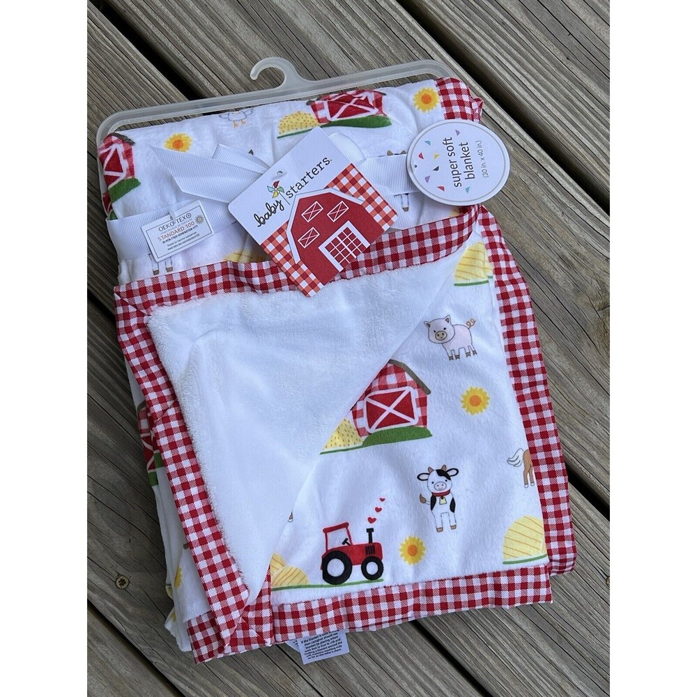 Baby Starters Farm Animals Plush Baby Blanket Cow Barn Tractor Red Plaid Trim